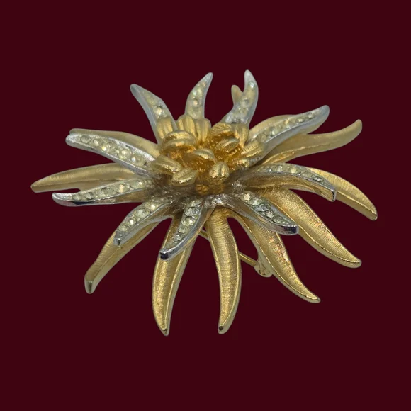 MCM Vintage Coro Chrysanthemum Starburst Floral Brooch Gold Silver Rhinestones - Picture 2 of 9